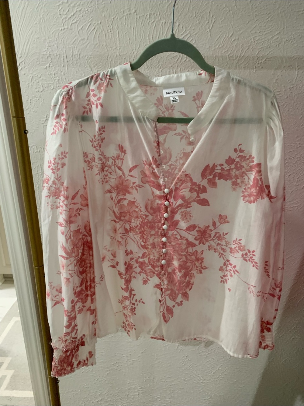 Bailey 44 White Blouse with Pink Floral Print and Pearl Buttons